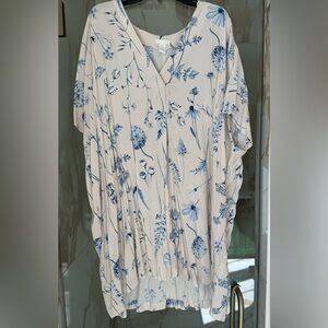 Long flowy cream and blue floral short sleeve blouse